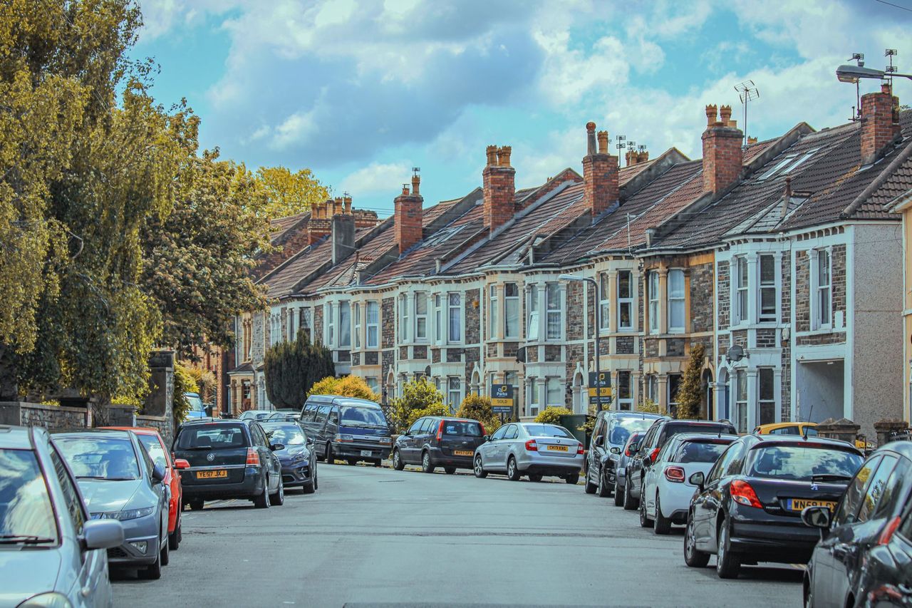 Sunny UK terraced houses street